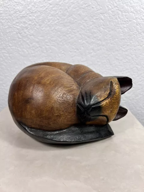 Vintage Hand Carved Solid Wood Curled-Up Sleeping Siamese Cat Feline Figurine