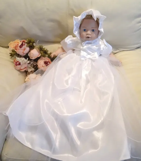 Baby Girl White Christening Dress Satin Bonnet Tulle Traditional Long 0 3m