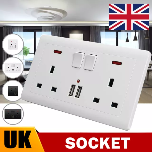 Double Wall Plug Socket 2 Gang 13A w/ 2 Charger USB Ports Outlets Flat Plate UK