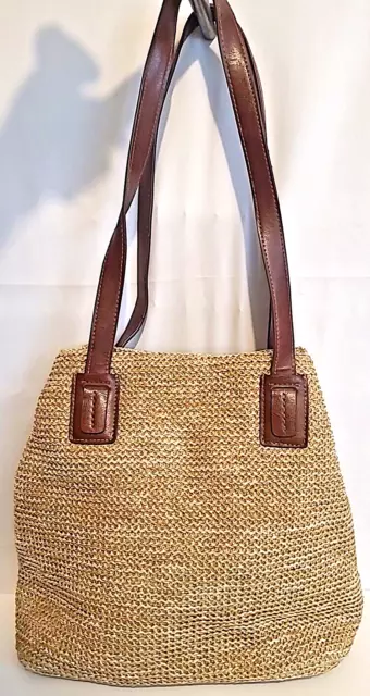 Amanda Smith Woven Weave Shoulder Bag Beach Double Straps Purse Brown Pockets