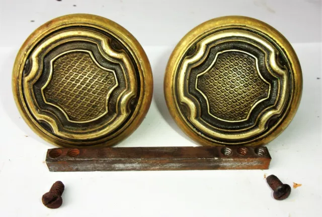 Pair of Antique Vintage Eastlake Victorian Brass Ornate Door Knobs w/ Spindle