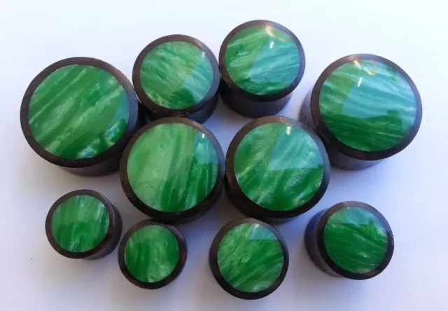 Pair Handmade Shiny Cloudy Green Resin Sono Wood Saddle Ear Plugs Tunnels Gauges 3