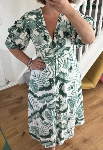 Johanna Ortiz HM Blend Linen Dress Green Midi Tropical Palm Leaf Print size 12UK