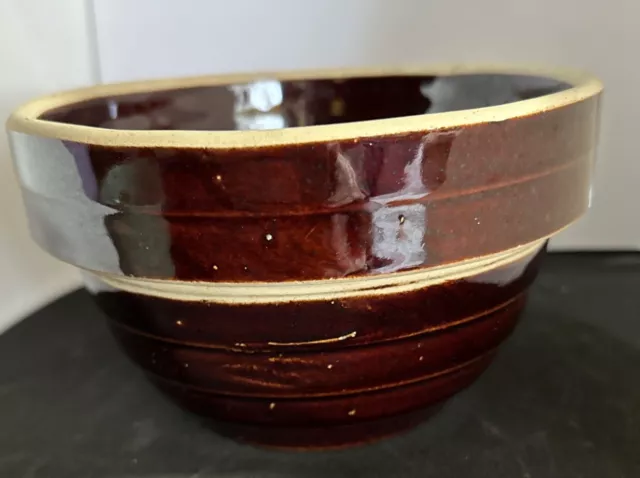 Vintage Stoneware Crock Bowl Brown Small 3 x 5 Pottery 3 Rings/Bands Original