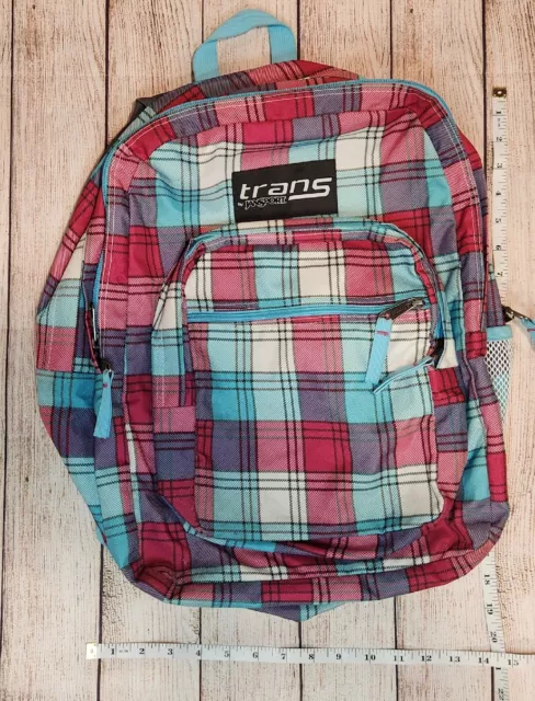 Trans by Jansport Pink Blue Plaid Backpack School Book Bag 4 Zipper Pockets