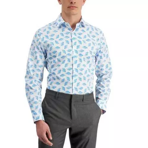 Bar III Mens Leaf-Print Long Sleeve Button Down Dress Shirt White Blue XL