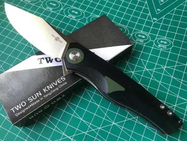 Twosun Folding Flipper Knife Black Green G10 Handle D2 Plain Edge Ts503-Green