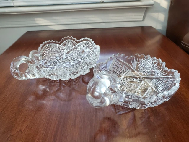 American Brilliant Cut Glass Nappy Handle Candy Trinket Dishes Bowls Set of Two
