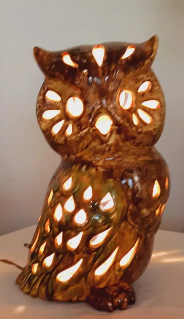 MCM Pottery Owl Lamp Pierced Multicolor Glaze TV Desk Table