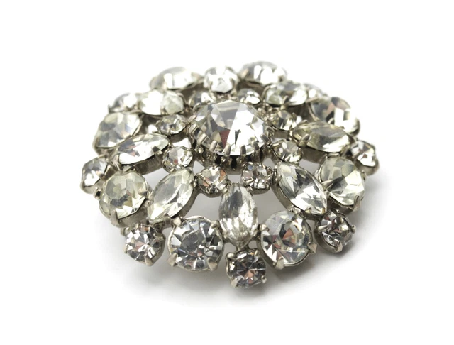 Vintage Pin Brooch Round Bunch White Clear Rhinestones 1970s USSR Czech