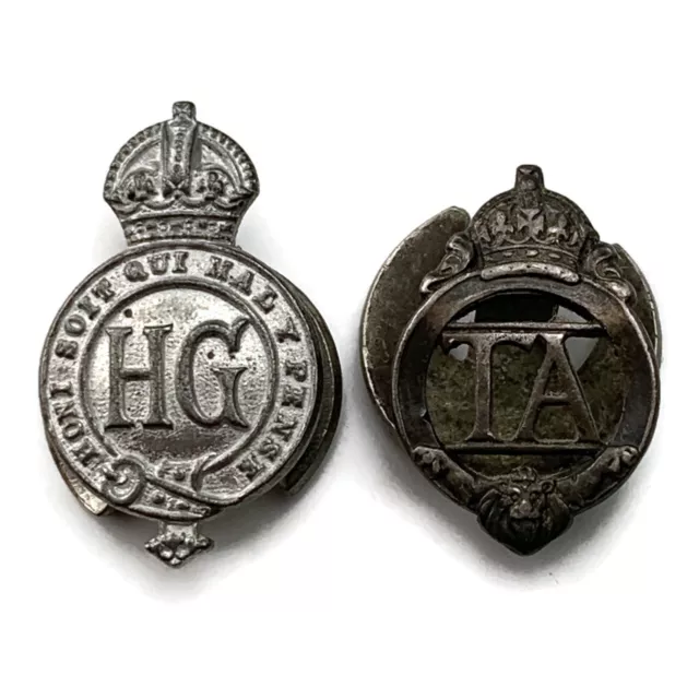 Original WW2 British Home Guard + Territorial Army Service Silver Lapel Badges