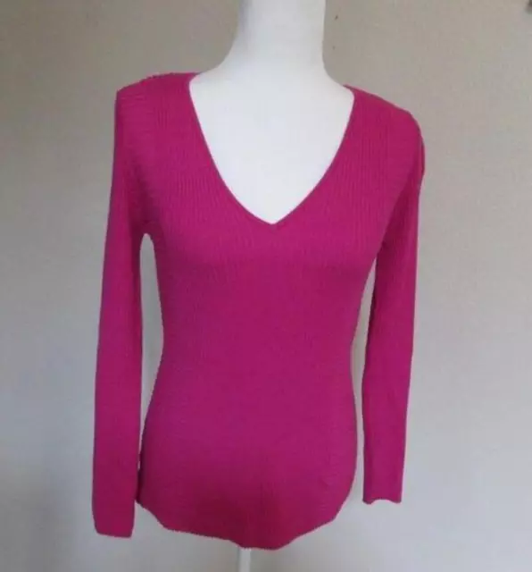 INC womens Med stretchy ribbed bright pink fuchsia vneck l/s pullover sweater