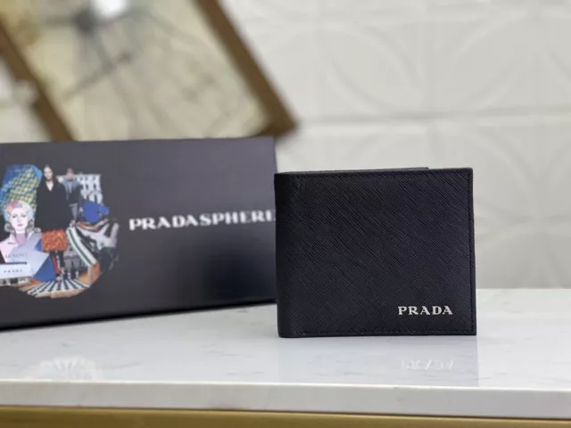 Prada Saffiano Leather Metal Lettering Logo Bifold Wallet Black with Men