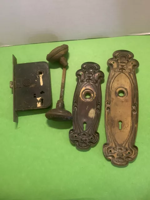 Antique Entrance Door Set Victorian / Eastlake Backplate Knob Mortise Lock