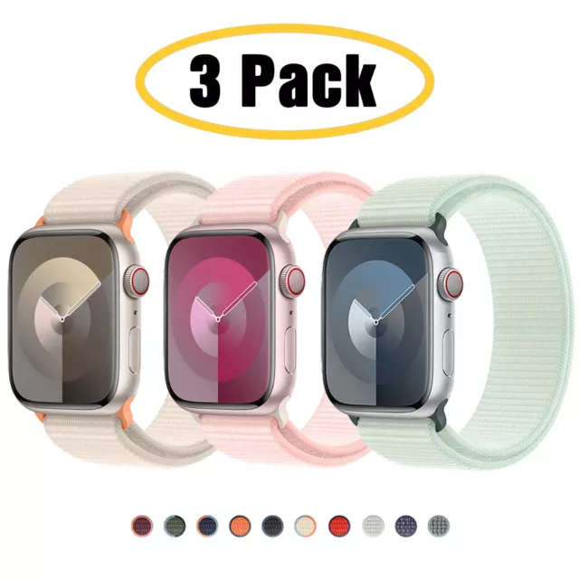 PAQUETE DE 3 Correa de Banda de Bucle Deportiva de Nailon para Apple Watch 9 8 7 6 5 4 SE 40/44/41/45 mm