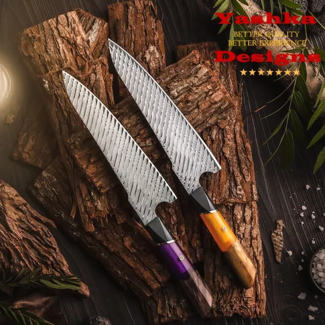 Japanese Gyuto Knife Damascus Steel Chef Kitchen Cooking Home Tool Purple Orange