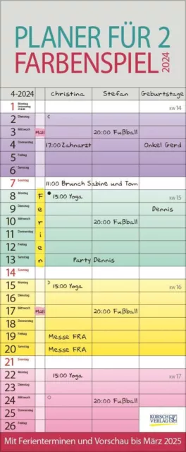 Farbenspiel Planer für 2 Kalender 2024 Familienplaner 3 breiten Spalten B-WARE