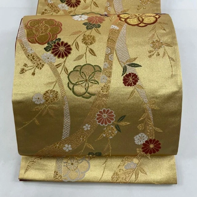 Japanese Kimono Obi Pure Silk Flower Noshi Embroidery Foil Golden