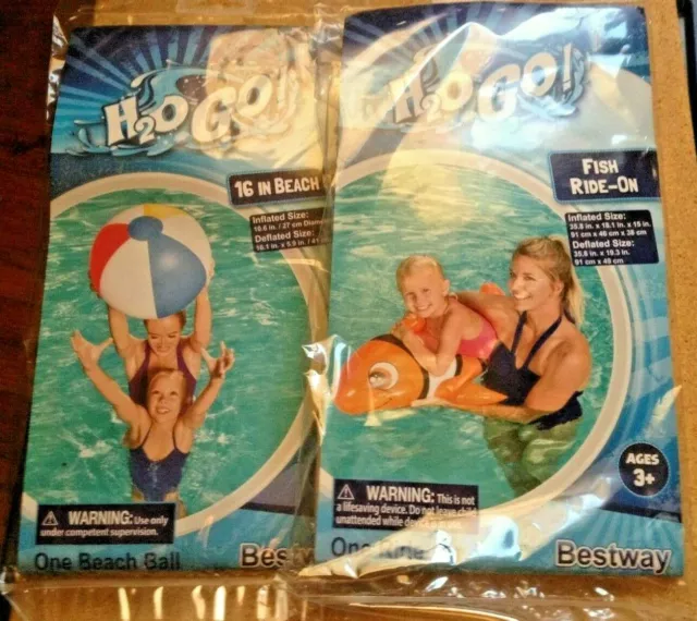 Inflatable Clown Fish Ride-On & Beach Ball Lot~NEW~Ages 3-6~Swim Bestway H2O GO!