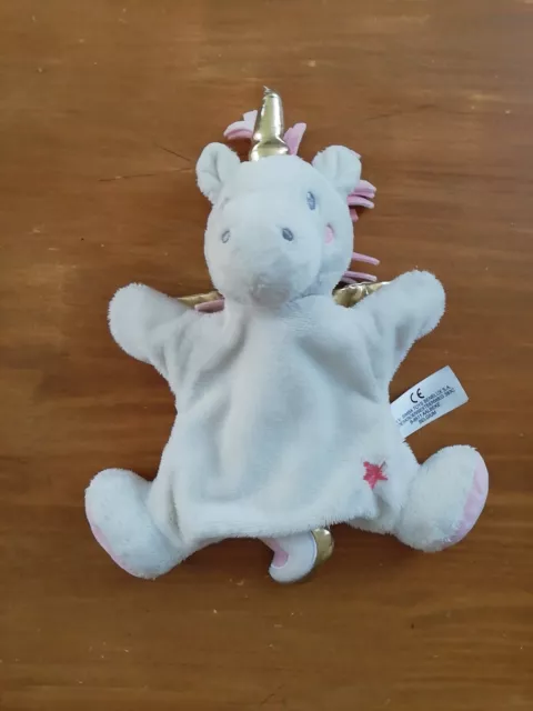 Doudou Peluche Marionnette Simba Toys Licorne Blanc Rose Doré Ailes Etoile