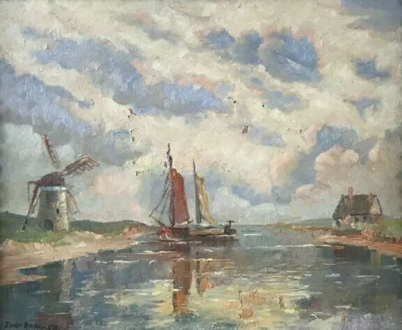 Ölgemälde Segelschiffe Windmühle KÜNSTLERKOLONIE NIDDEN Nida Joan Anacker ~1925