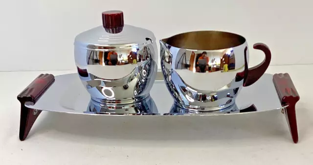 VTG MCM Glo Hill Chrome Gourmates Tray set Creamer & Sugar Bowl Bakelite Handles