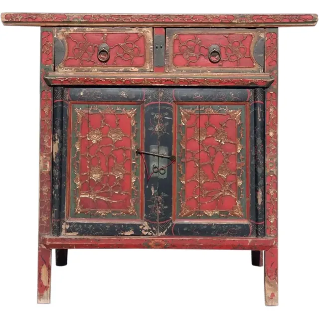 Antique Chinese Qing Painted Lacquered Pine Side Cabinet 19th century