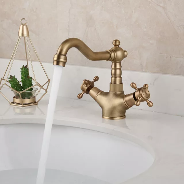 Double Handles Antique Brass Swivel Spout Bathroom Basin Mixer Faucet Sink Taps