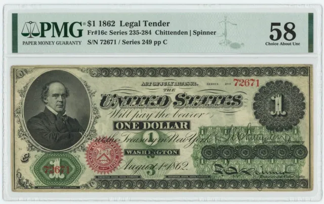 FR #16c $1 1862 Legal Tender Note Ch AU58 PMG 947795-2