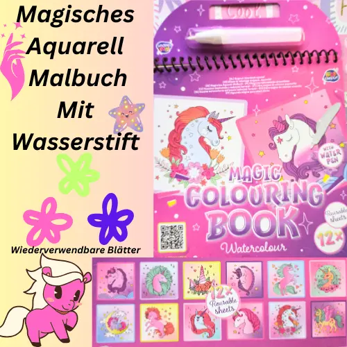 Malbuch Einhorn, magisches Aquarell Malbuch mit Wasserpinsel für Kinder