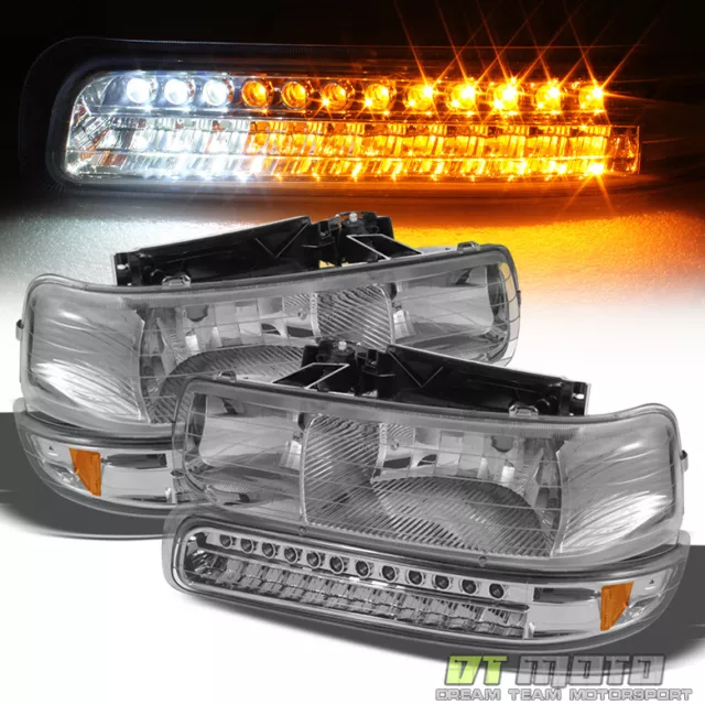 4PC 1999-2002 Chevy Silverado 00-06 Suburban Tahoe Headlights+LED Bumper Lights