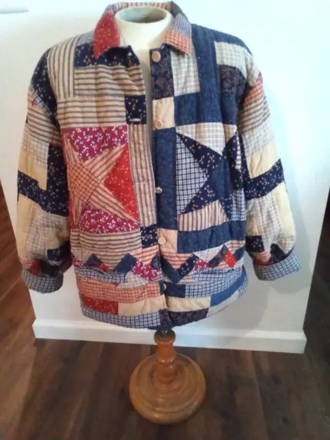 Handmade L-XL Reversible Jacket Patchwork Quilt Mixed Pattern Stripe Stars Shirt