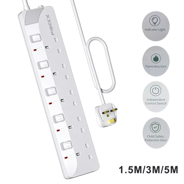 1.5/3/5M Mains Extension Lead Individual Switch UK Plug Sockets Wall Mountable