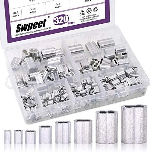 Swpeet 320Pcs 8 Sizes Aluminum Crimping Loop Sleeve Cable Ferrule Assortment Kit