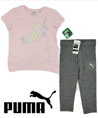 PUMA Big Girls 2pc Tie-Front Tee Shirt & Capri Leggings Pant Set Outfit SIZE S/7