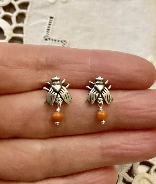 Boucles D'oreilles Anciennes En Argent Massif Et Corail Rose - Vintage, Occasion
