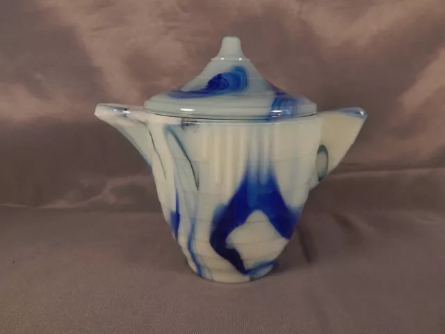 Akro Agate slag glass childrens blue & white TEAPOT w/LID