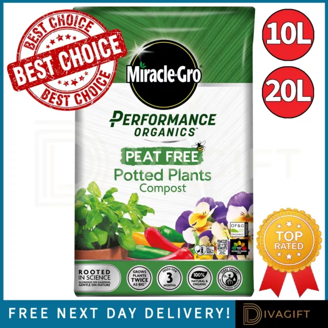 Miracle Gro Performance Organics Peat Free Potted Plants Compost Soil 10L 20L