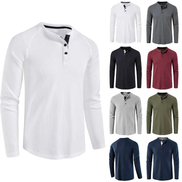 Mens Henley Tops Long Sleeve T-shirt Casual Slim Fit Plain Button Pullover Tunic