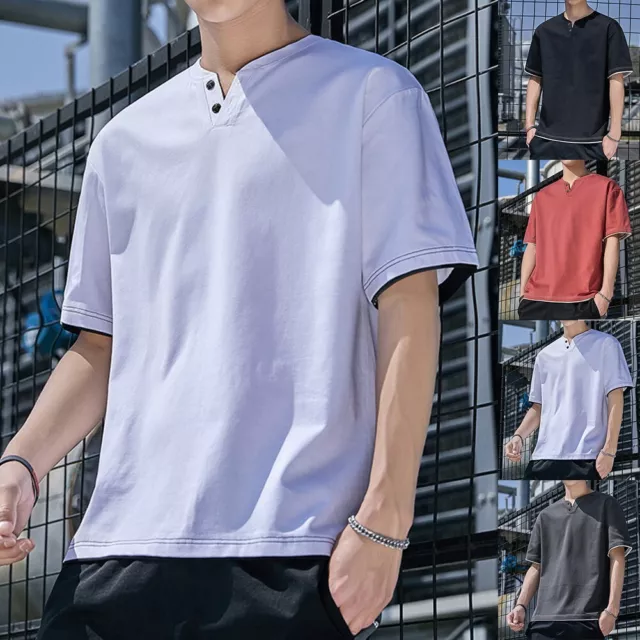 SUMMER MEN'S V Neck Loose T shirt Korean Style Short Sleeve Solid Tops ...