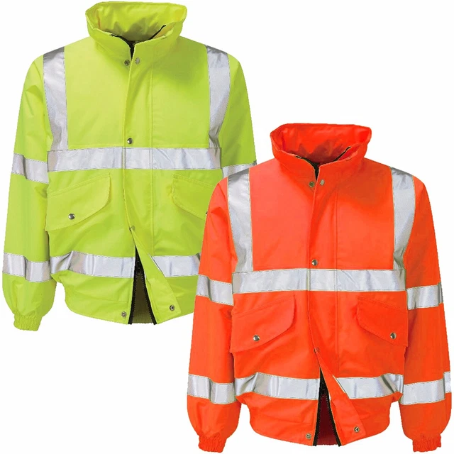 Hooded Hi Vis Visibility Bomber Jacket High Viz Padded Safety Coat Size