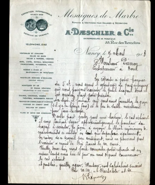 NANCY (54) USINE / CARREAUX MOSAIQUES de MARBRE "A. DAESCHLER" Lettre en 1913