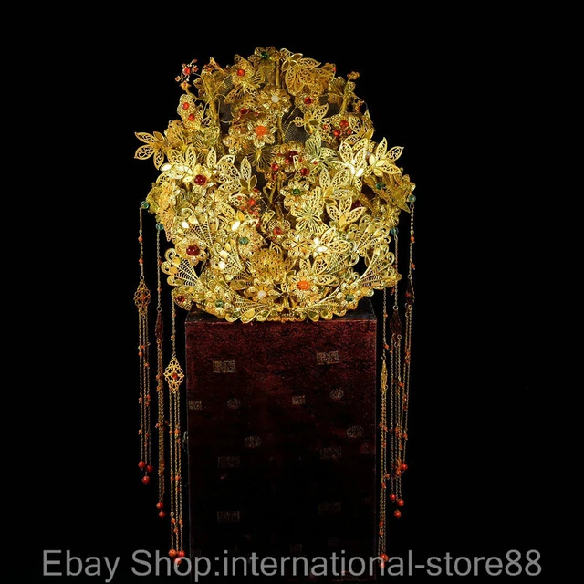 14.8" Old China Filigree Bead Dynasty Palace Empress Phoenix Flower Hat Cap