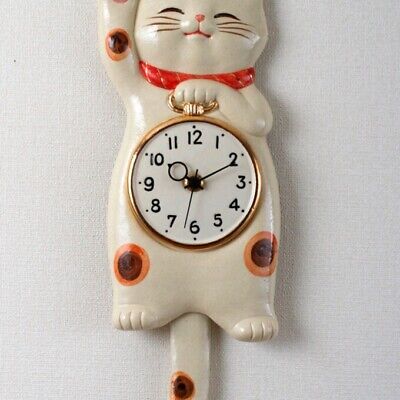 Lucky cat Japanese SETO ware porcelain Manekineko wall pendulum clock white