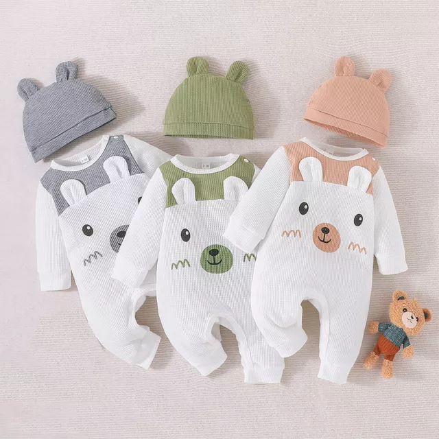 Toddler Kids Baby Girls Boys Ribbed Cute Bear Romper Hats Outfits Set Clothes UK