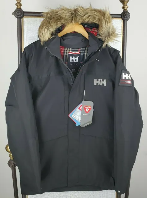 NWT $300 HELLY HANSEN Size Large Mens Primaloft Black Hooded Waterproof Jacket