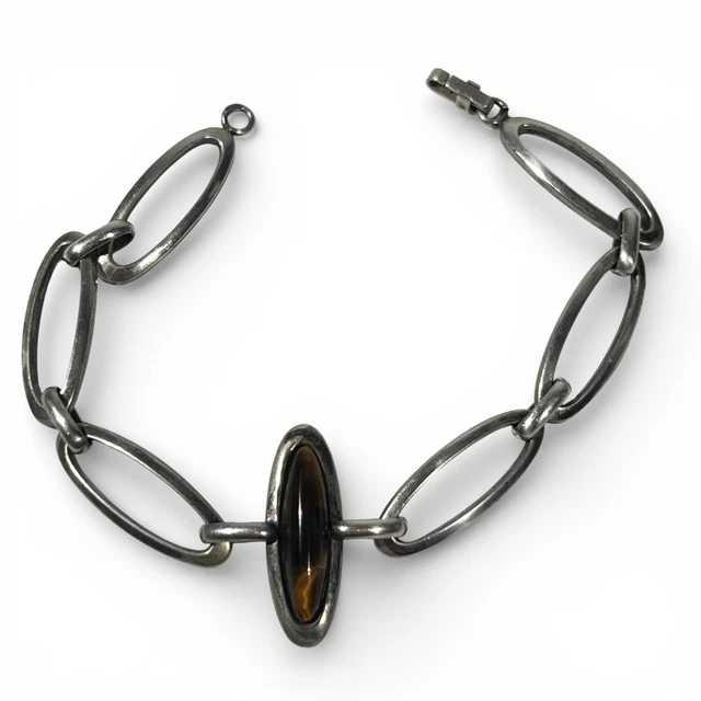 Bracelet En Argent Massif 925 Avec Cabochon D'ambre Flammé - Superbe Occasion