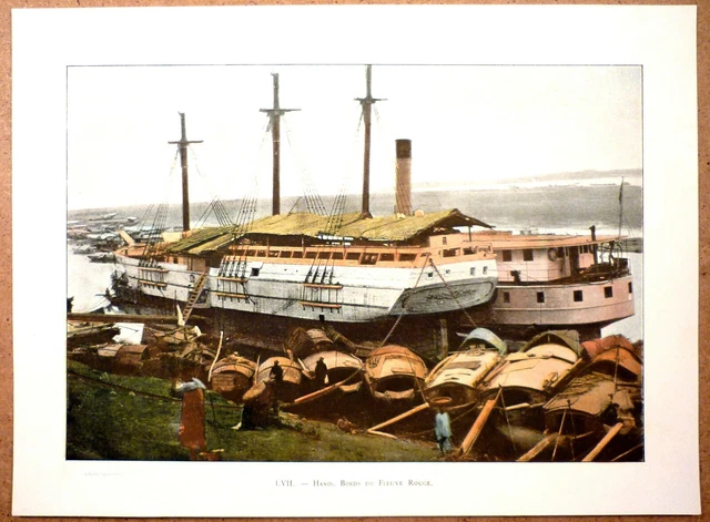 TONKIN Hanoï - bords du Fleuve Rouge - Photochromie fin 19ème  gravure  Vietnam