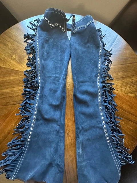 RARE Vintge BLUE Fringe Suede LEATHER CHAPS ROGUE Leather Co