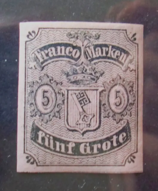 1856 Mi: 30,- MiNr I Wappen 5 Gr. "Franco Marken" unverausgabt ungebraucht Falz